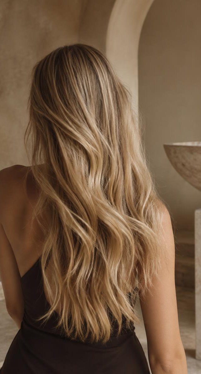 Long golden blonde waves seen from behind