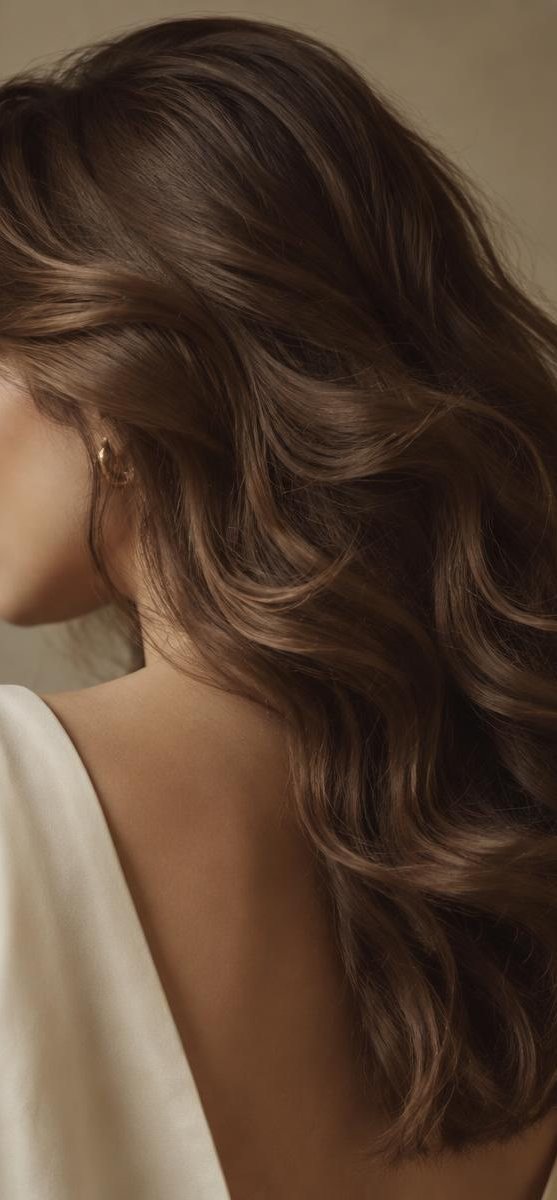 Full, bouncy chestnut waves over a bare shoulder